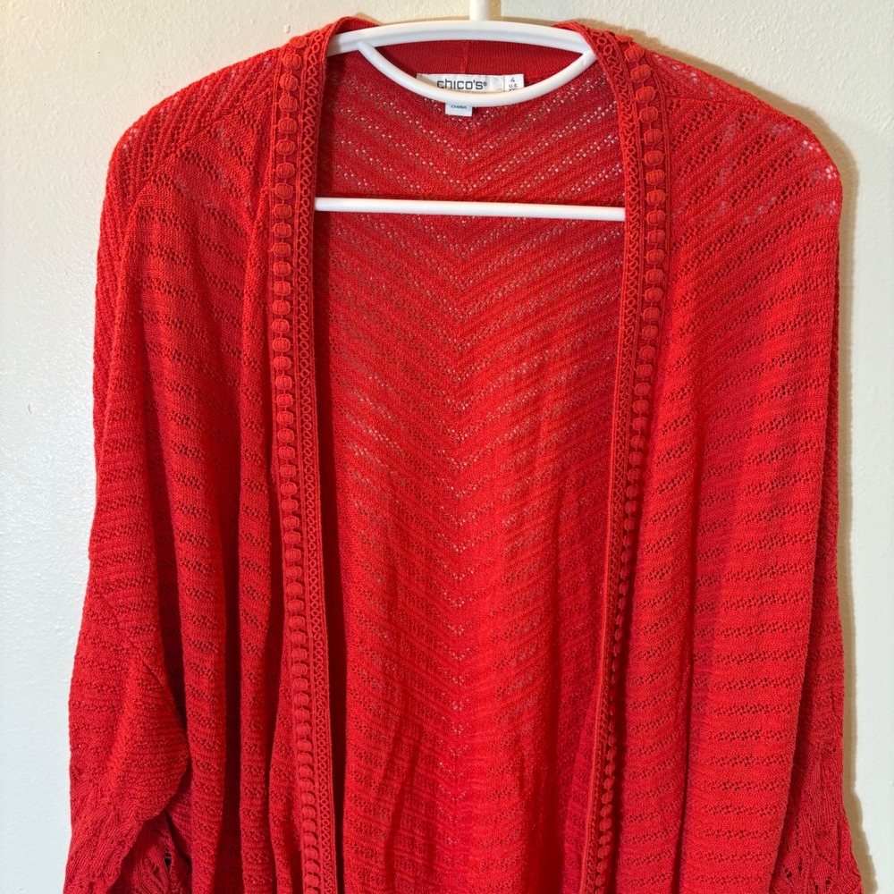 Chicos Red Chevron Pointelle Open Front Tassel Cardigan Sweater Size XXL - Picture 2 of 7